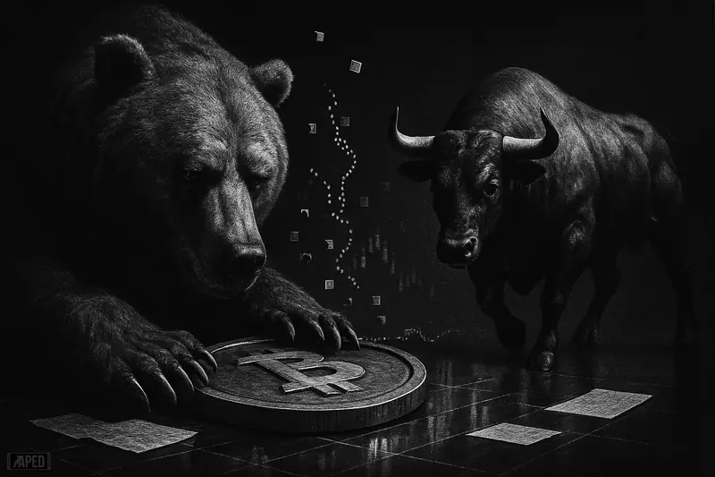 A grayscale bear releases a heavy disc as a bull advances through a dark trading floor with fading data streams.