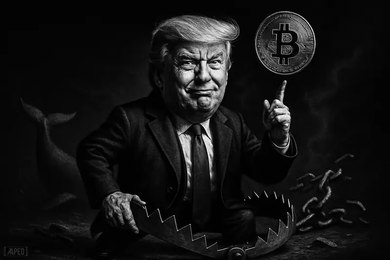 Donald Trump in a dramatic grayscale caricature stands over a snapped bear trap as market symbols imply a failed bitcoin short squeeze.