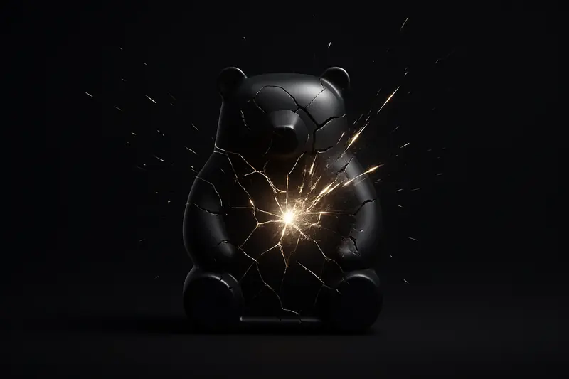 A shattered glass bear silhouette bursts apart, releasing glowing gold fragments and upward streaks against a dark, smoky background.