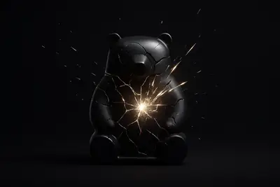 A shattered glass bear silhouette bursts apart, releasing glowing gold fragments and upward streaks against a dark, smoky background.
