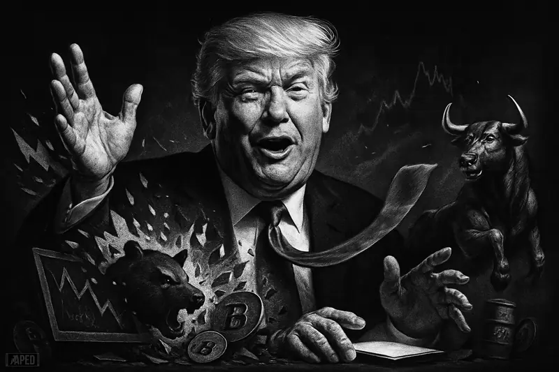 Trump caricature in a dark financial scene as broken bearish symbols and oil barrels erupt behind him during a Bitcoin short squeeze.