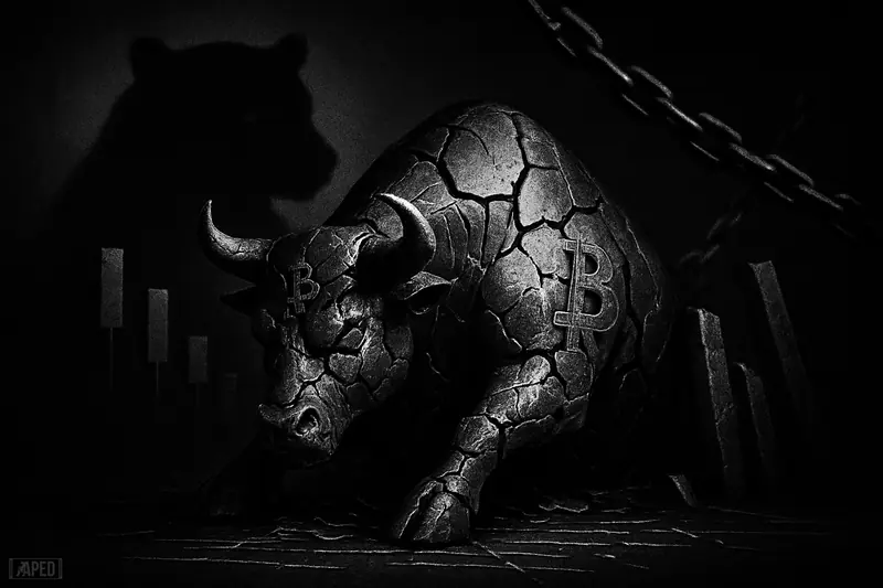 A slumped fractured metallic bull faces a shadow bear in a dark grayscale scene with broken market structures and fading liquidity cues.