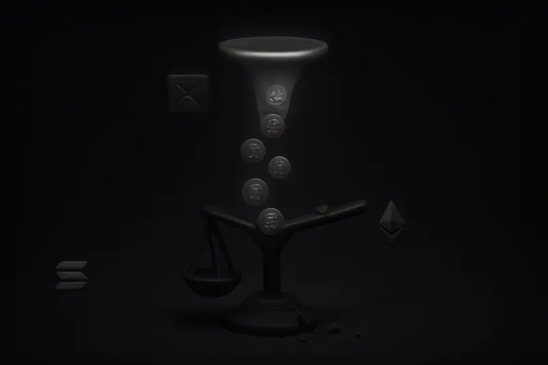 Glowing golden coin stream flows from a neon funnel into a cracked, sinking balance scale on a dark background.