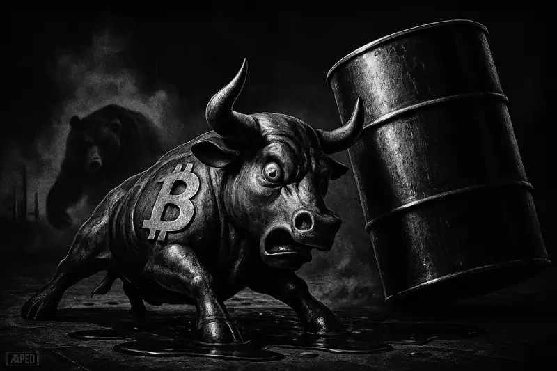 A metallic bull slips in crude oil as a shadowy bear approaches, with dark refinery shapes and a faint data grid behind.