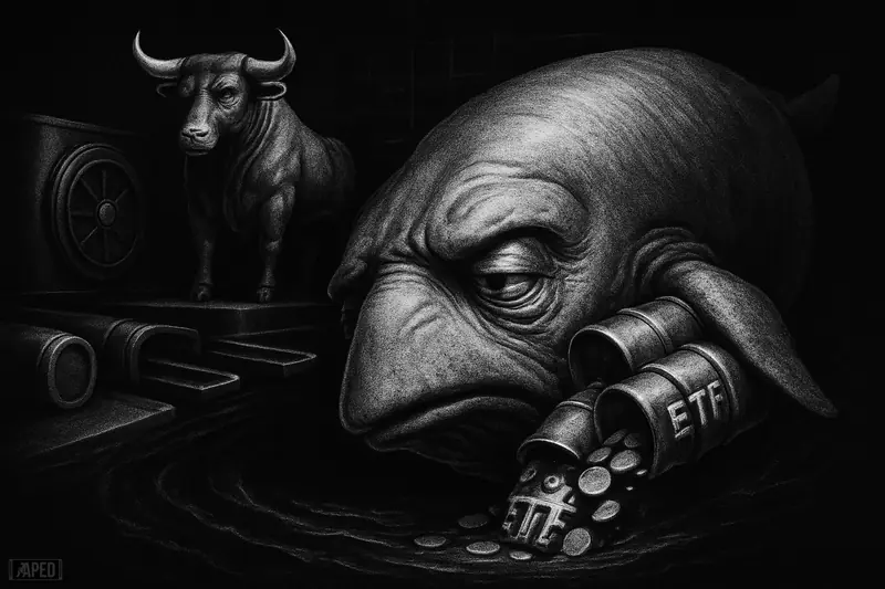 A grayscale whale sinks with leaking fund canisters while a tense mechanical bull balances above dark market waves on a grid-lined backdrop.
