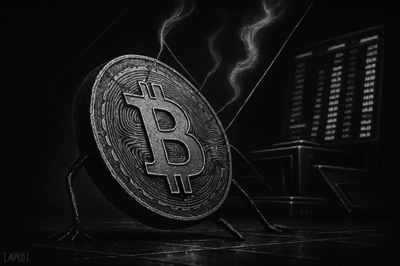 A strained metallic Bitcoin-like coin is pulled upward in a dark trading-floor scene with exchange machinery and smoky derivatives tension.