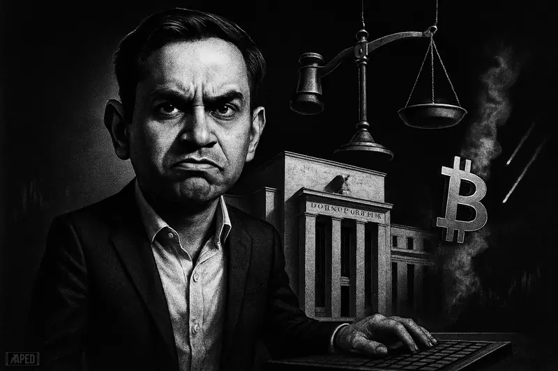 Shubh Varma stands tensely at a trading desk as Fed and bitcoin symbols loom behind him in a dark grayscale scene.