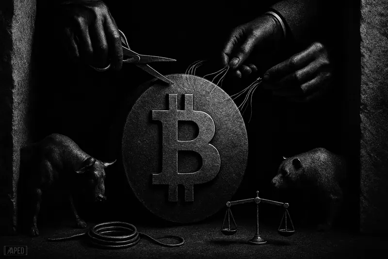 A giant metallic bitcoin-like orb sits trapped between barriers as shadowy hands harvest yield, surrounded by frozen market symbols in grayscale darkness.
