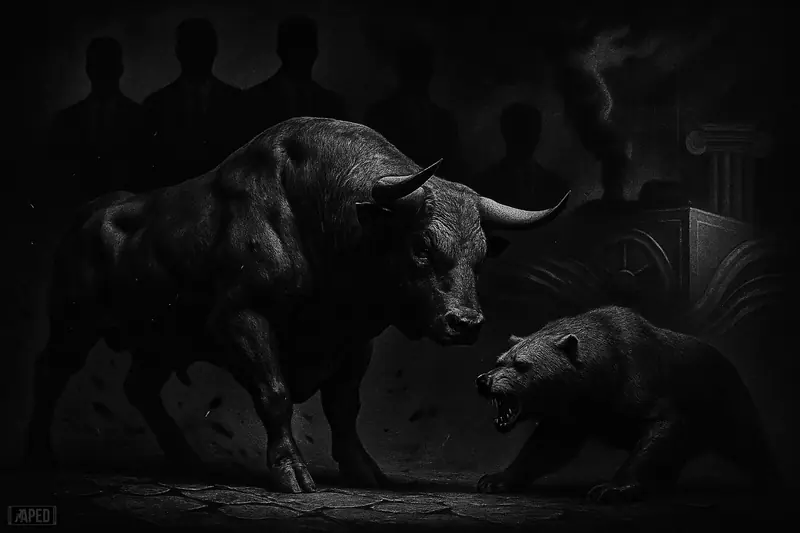 A scarred bull stands firm as a frustrated bear circles in a dark, smoky financial battlefield with ominous institutional and geopolitical undertones.
