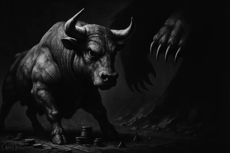 A powerful grayscale bull resists looming bearish shadows as subtle tokens gather at its feet in a dark market-themed scene.