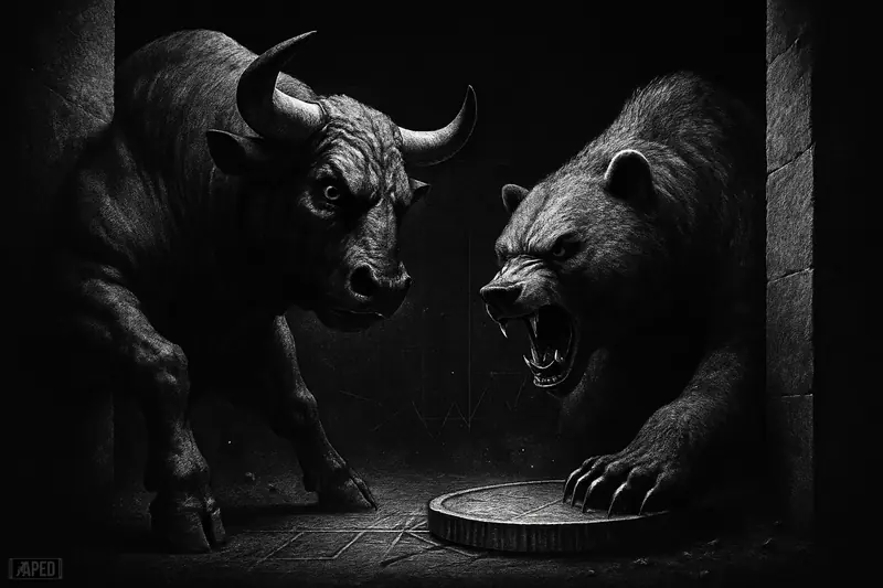 A tense bull and bear face off in a narrow grayscale corridor, trapping a metallic disk between towering walls under dramatic lighting.