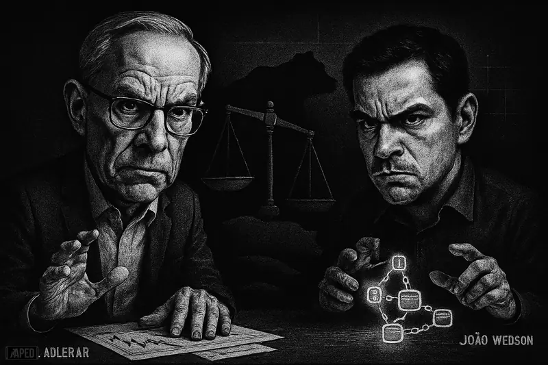 Two stern analyst caricatures loom over charts and data nodes, with a shadowy bear and tilted scale in a dark grayscale finance scene.