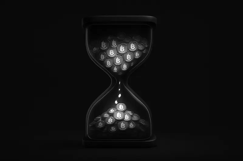 Black background with a luminous hourglass filled with golden coin-like particles, only a few glowing grains falling below.
