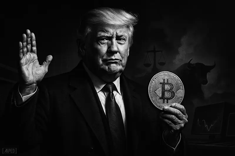 Trump holds a bitcoin amid dark trading screens, tankers, and a charging bull in a tense grayscale crypto market scene.
