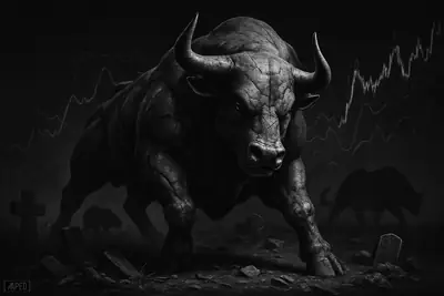 A monochrome mechanical bull stands amid broken gravestones and shadowy market forms, symbolizing Bitcoin surviving repeated death declarations.