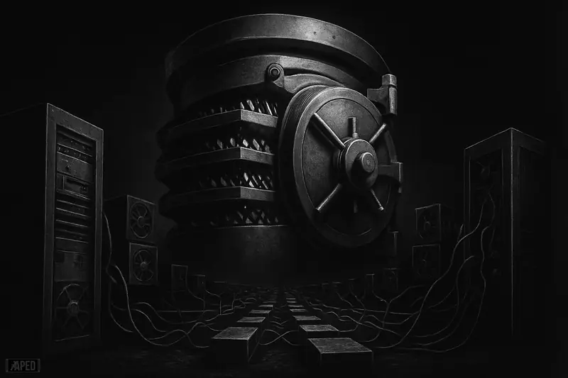 A dark grayscale server-vault scene shows clustered transaction chambers and node machines in a dramatic bitcoin infrastructure setting.