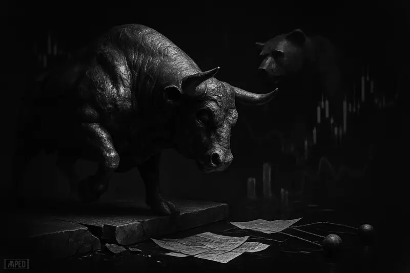 A monochrome bull braces on a cracked ledge as a shadowy mechanical bear looms behind in a dark volatile trading scene.
