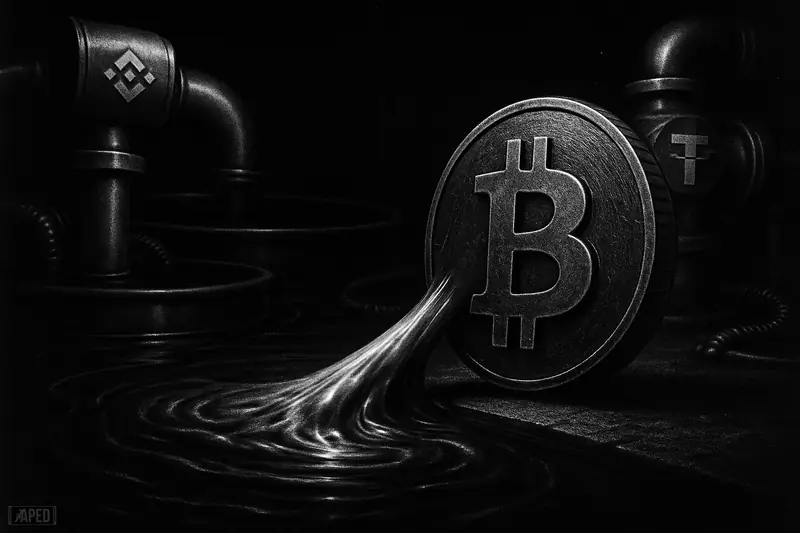 A giant Bitcoin coin braces on a dark floor as heavy liquid flows from industrial exchange pipes in a moody grayscale scene.