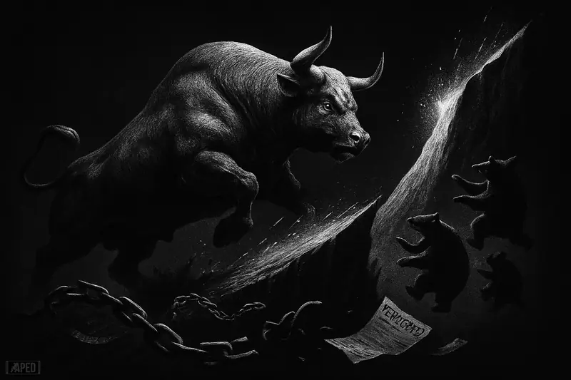 A metallic bull charges a cliff-like barrier as shadowy bears stumble backward in a dark grayscale market squeeze scene.