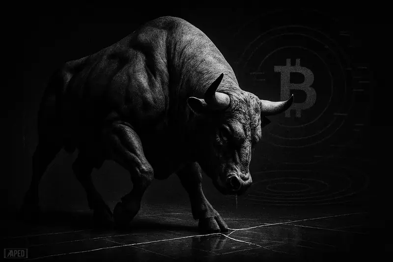 A monochrome bull braces on a cracked support line amid floating metric rings and a dark data-grid background.