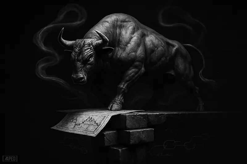 A tense grayscale bull balances on a narrow ledge over darkness, with fragile chains and smoky market forces surrounding it.