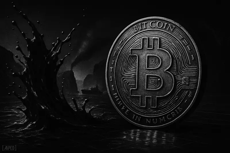 A calm metallic bitcoin-like token stands amid exploding oil waves and shadowy tankers in a dark geopolitical seascape.