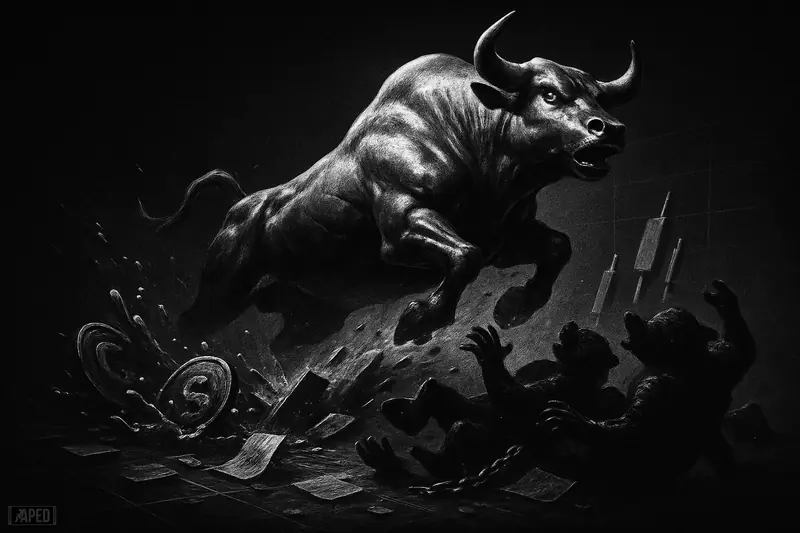 A metallic bull charges upward as shadowy bears collapse across a dark trading floor, evoking a violent crypto short squeeze.