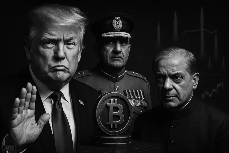 Trump, Asim Munir, and Shehbaz Sharif stand before a metallic Bitcoin symbol in a tense, dark geopolitical market scene.
