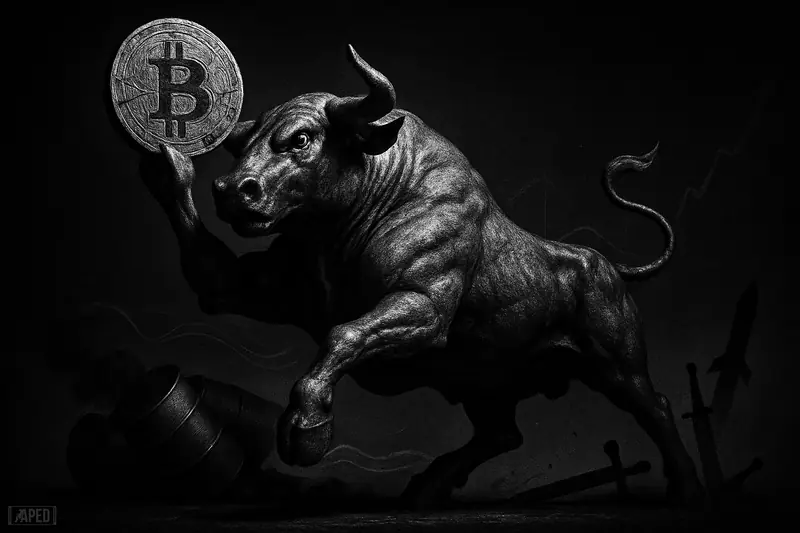 A metallic bull charges through toppled oil barrels while lifting a cracked Bitcoin token in a dark grayscale, data-grid backdrop.