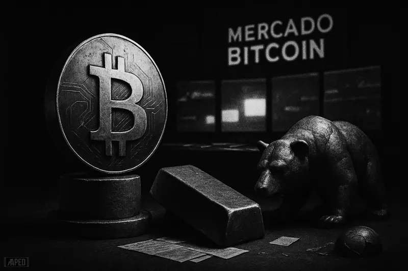 A dramatic grayscale scene of a dominant bitcoin-like orb towering over slumped gold and stock-market symbols in a dark trading environment.