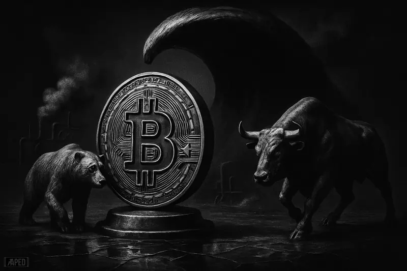 A metallic Bitcoin symbol faces an oil wave while a bear and bull circle on a dark market floor under moody grayscale lighting.