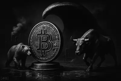 A metallic Bitcoin symbol faces an oil wave while a bear and bull circle on a dark market floor under moody grayscale lighting.