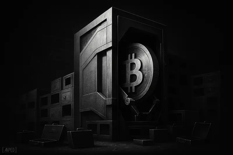 A giant institutional vault grips one oversized bitcoin while smaller empty safes recede into a dark, data-grid background.