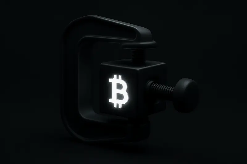 On a black background, a steel regulatory clamp compresses a glowing orange cube, scattering sparks and fragmented light.