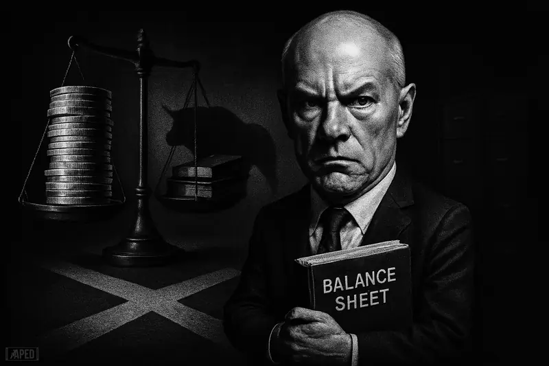 Michael Saylor stands at a dark corporate crossroads, weighing coins against balance-sheet records under stark monochrome lighting.