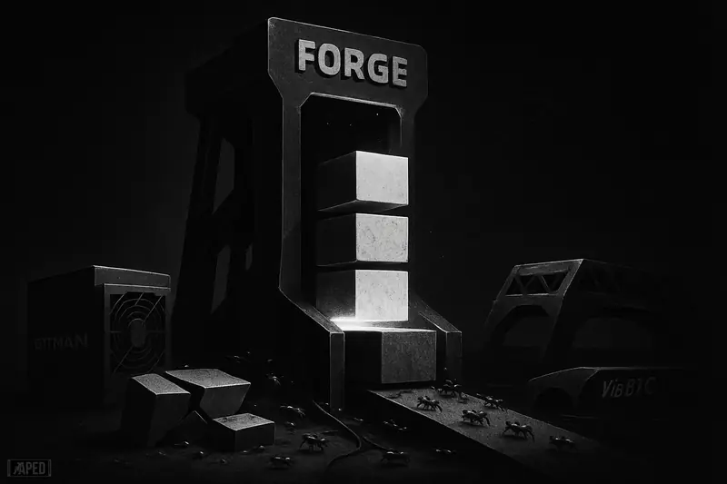 A giant forge-like mining machine overwhelms smaller rival rigs as blocks split and rejoin, hinting at a rare chain reorganization.