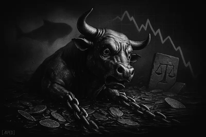 A strained metallic bull sinks into debris and dark water as chains pull downward beneath a faint market data grid.