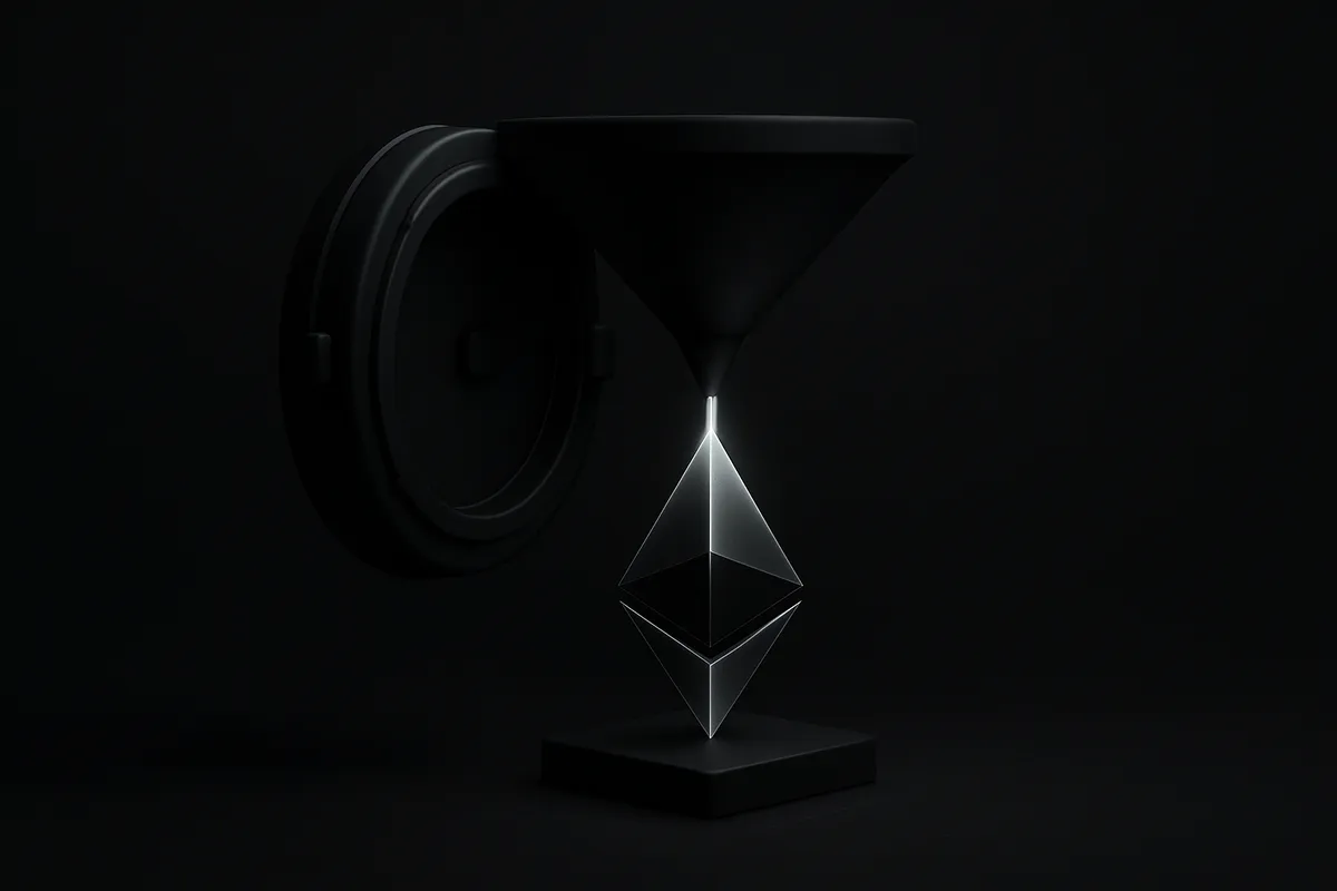 Glowing liquid stream pours into a faceted crystal prism above a subtle price grid on a black background