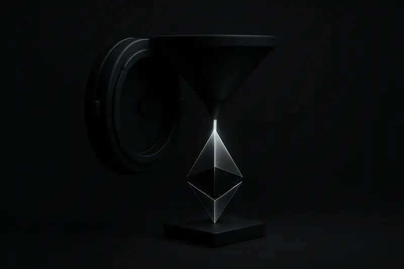 Glowing liquid stream pours into a faceted crystal prism above a subtle price grid on a black background