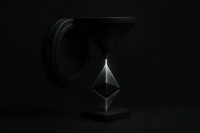 Glowing liquid stream pours into a faceted crystal prism above a subtle price grid on a black background