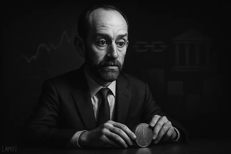 Trace Mayer caricature sits calmly at a desk, steadying a coin amid subdued market motifs in a dark grayscale financial scene.