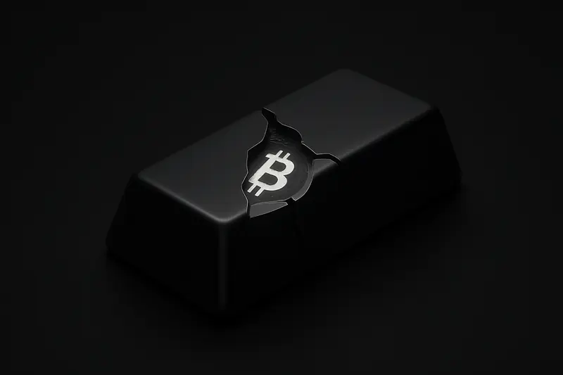 A dark gold bar split open to expose a bright, pixel-like core glowing against a black, smoky background.