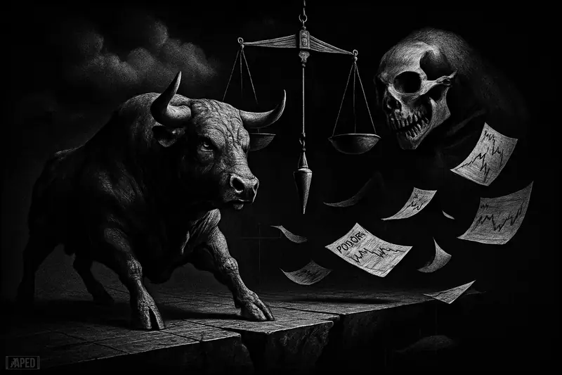 A tense metallic bull braces on a cracked floor as a shadowy bear and swaying scale signal macro risk in a dark grayscale scene.