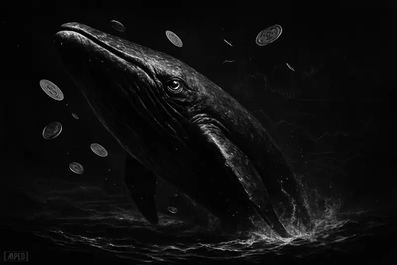 A giant grayscale whale hesitates in dark turbulent water as scattered metallic discs and broken flow patterns suggest weakening crypto demand.