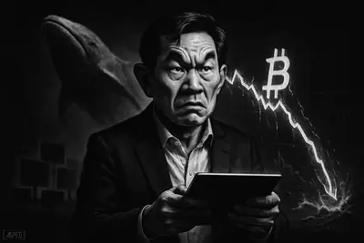 Garret Jin stands tense with a trading tablet as a spectral whale surges behind him over a collapsing crypto market scene in grayscale.