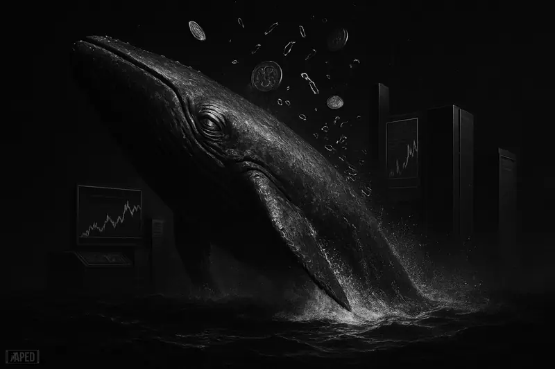 A giant distressed whale crashes through a dark sea amid shattered token fragments and analytics terminals in a stark grayscale financial storm.