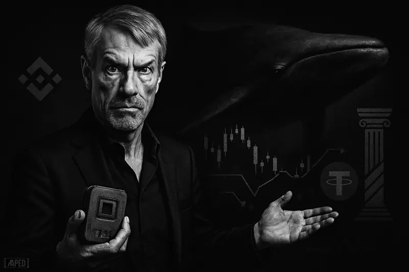 Michael Saylor caricature stands before a shadowy whale and fractured exchange scene in a dark grayscale financial cover image.