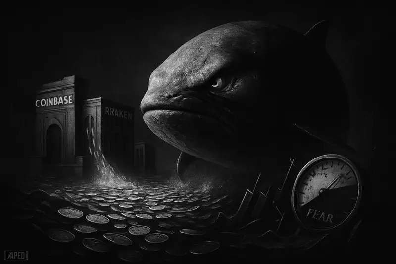 A giant grayscale whale surges through a dark coin-filled sea as exchange vaults loom behind and fear symbols sink beneath it.