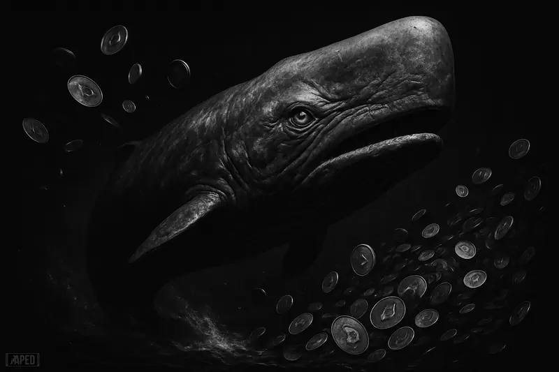 A giant grayscale whale charges through a dark token-filled sea as chains tighten and a faint data grid suggests shrinking crypto supply.