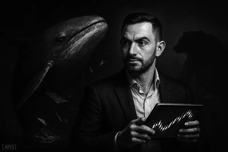 Ali Martinez stands confidently beside a giant whale in a dark financial scene, while bearish shadows retreat behind a faint data grid.